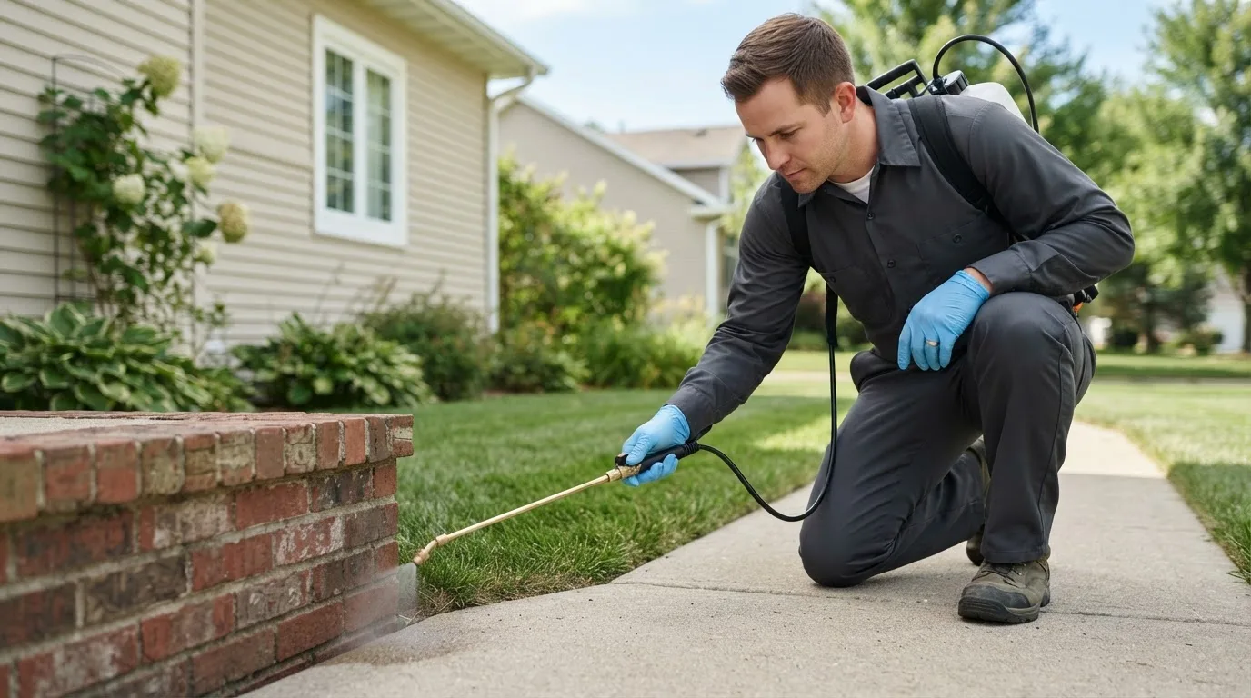Pest control technician treating a home near Blaine, ME