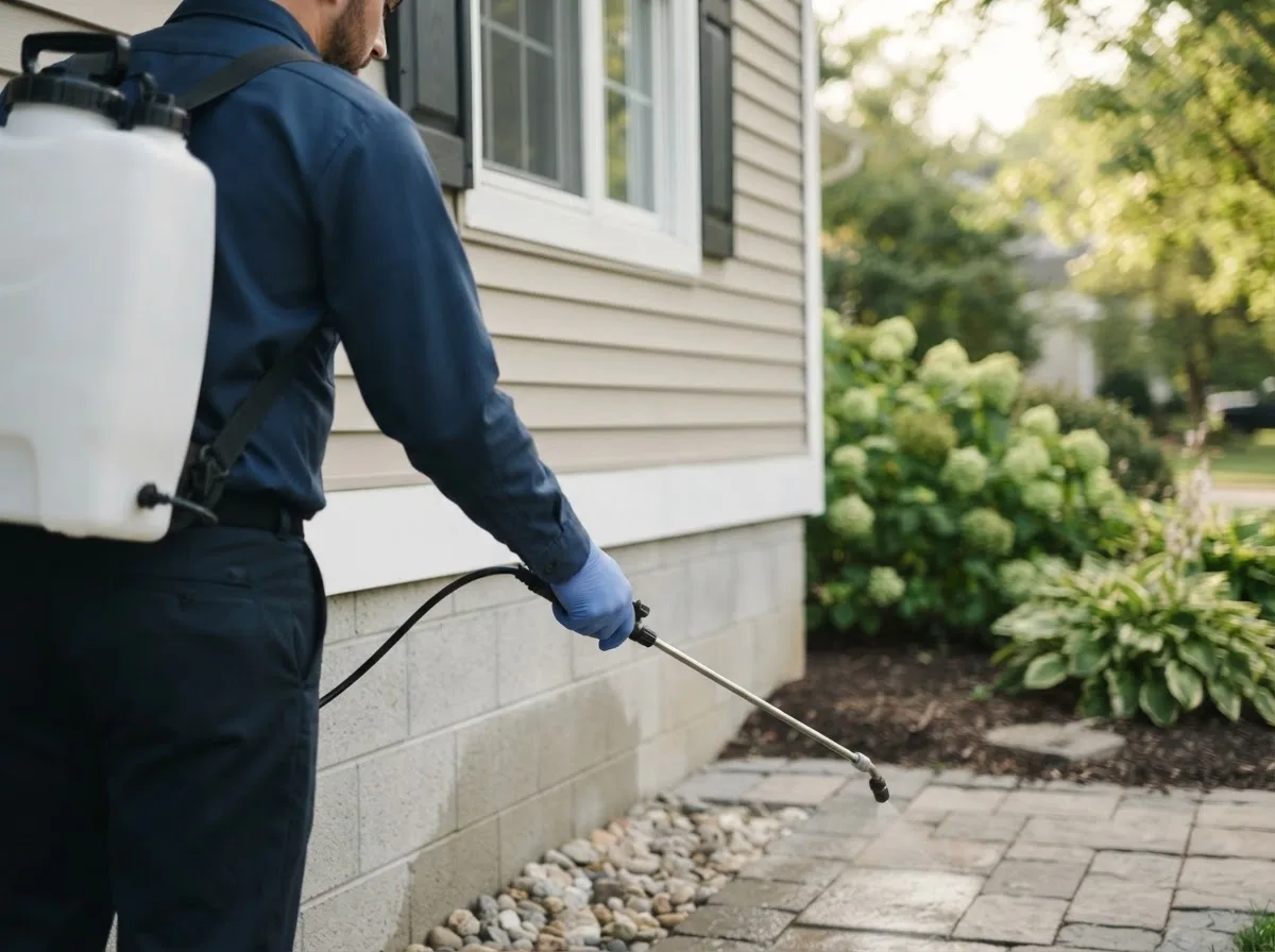 Pest control technician inspecting a home in Blaine, ME